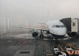Departure flight in the UK grim rainy day